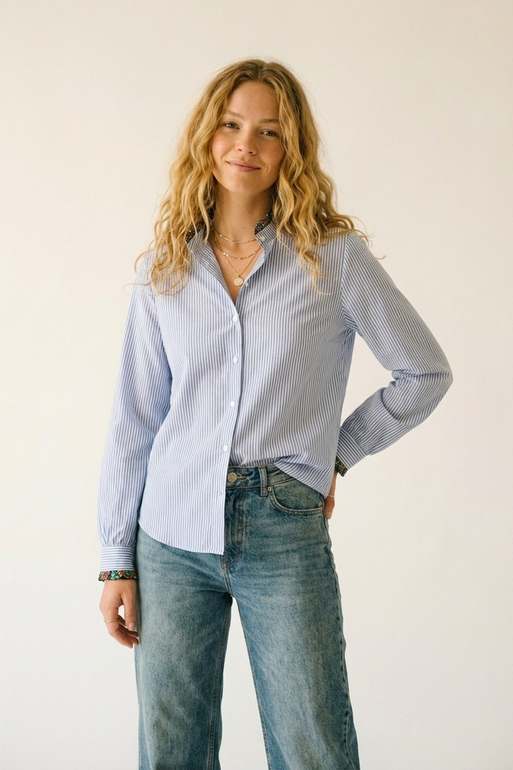 Light Blue Striped Button-Up Shirt with Floral Trim