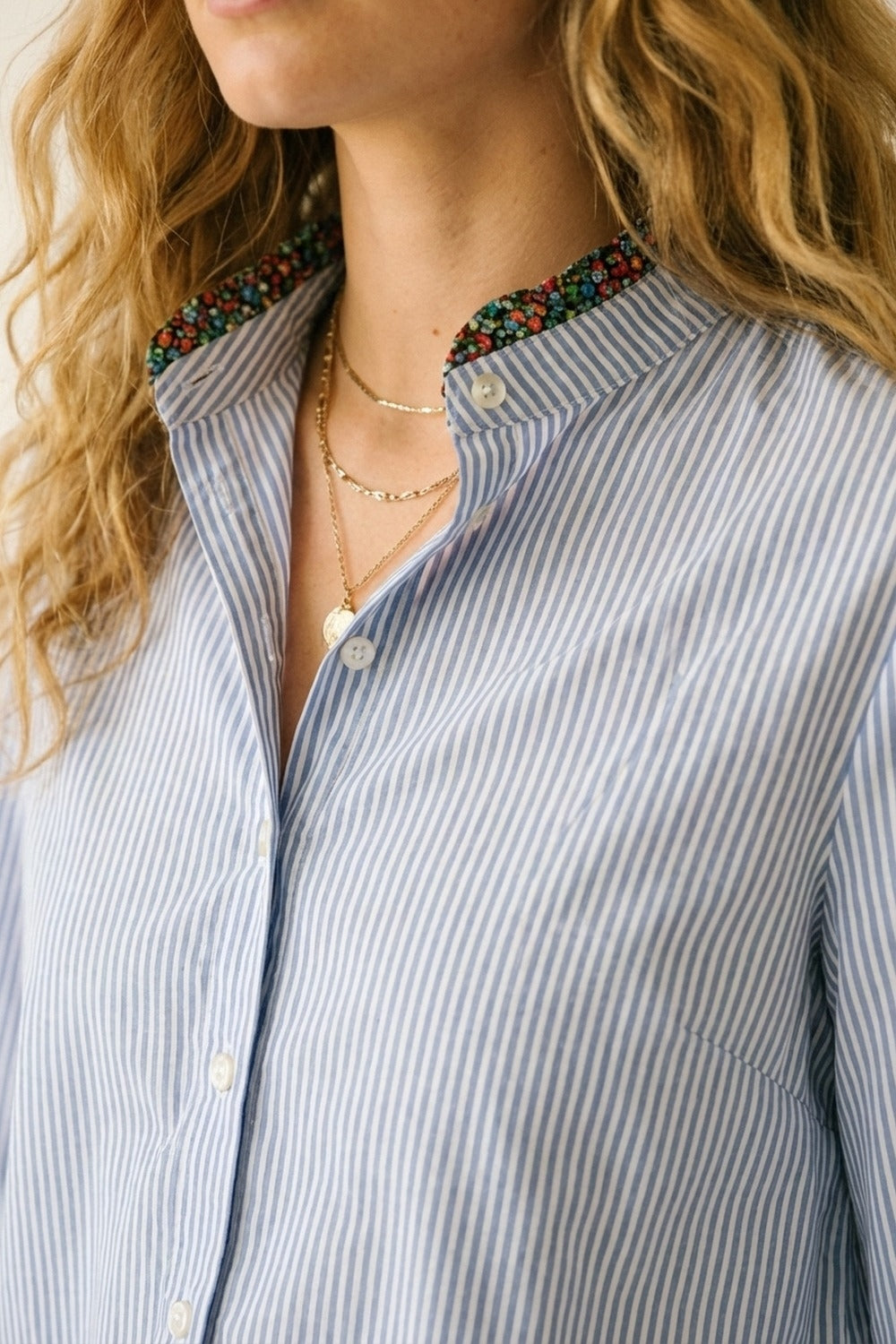 Light Blue Striped Button-Up Shirt with Floral Trim