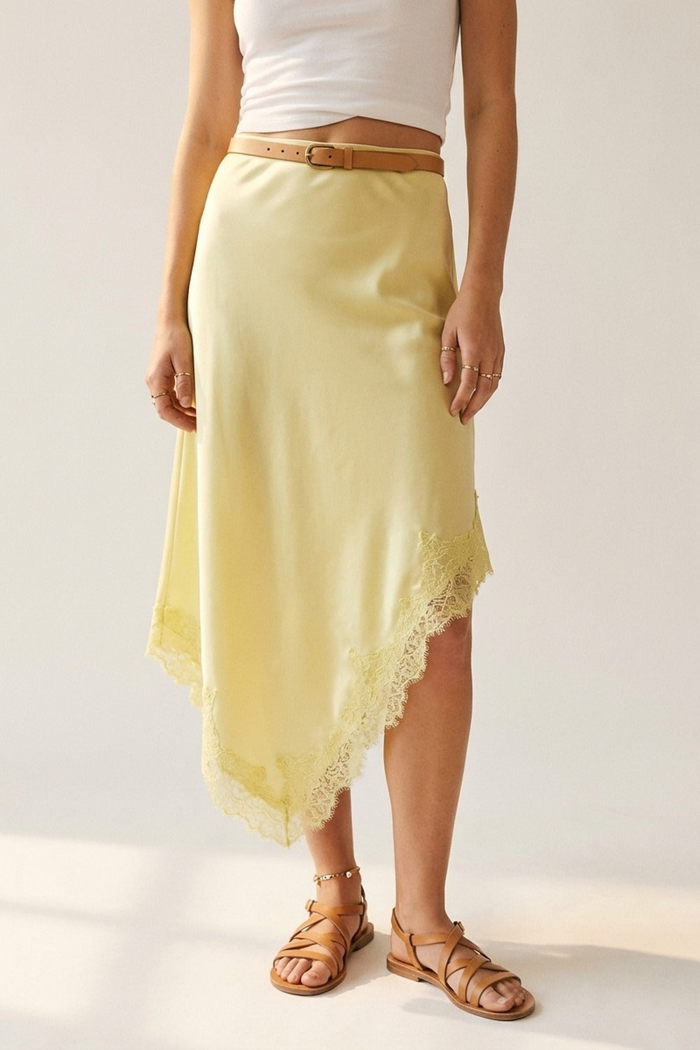 Butter Yellow Satin Handkerchief Skirt with Lace Trim
