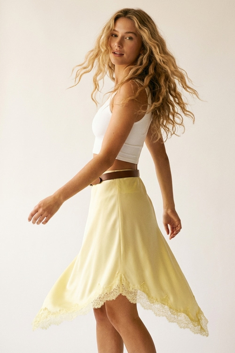 Butter Yellow Satin Handkerchief Skirt with Lace Trim