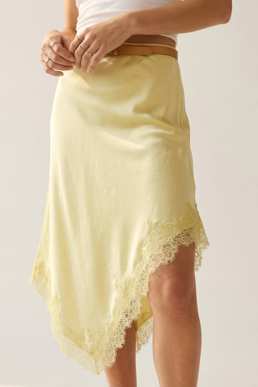 Butter Yellow Satin Handkerchief Skirt with Lace Trim