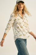 White Button-Up Shirt with Playful Dog Print