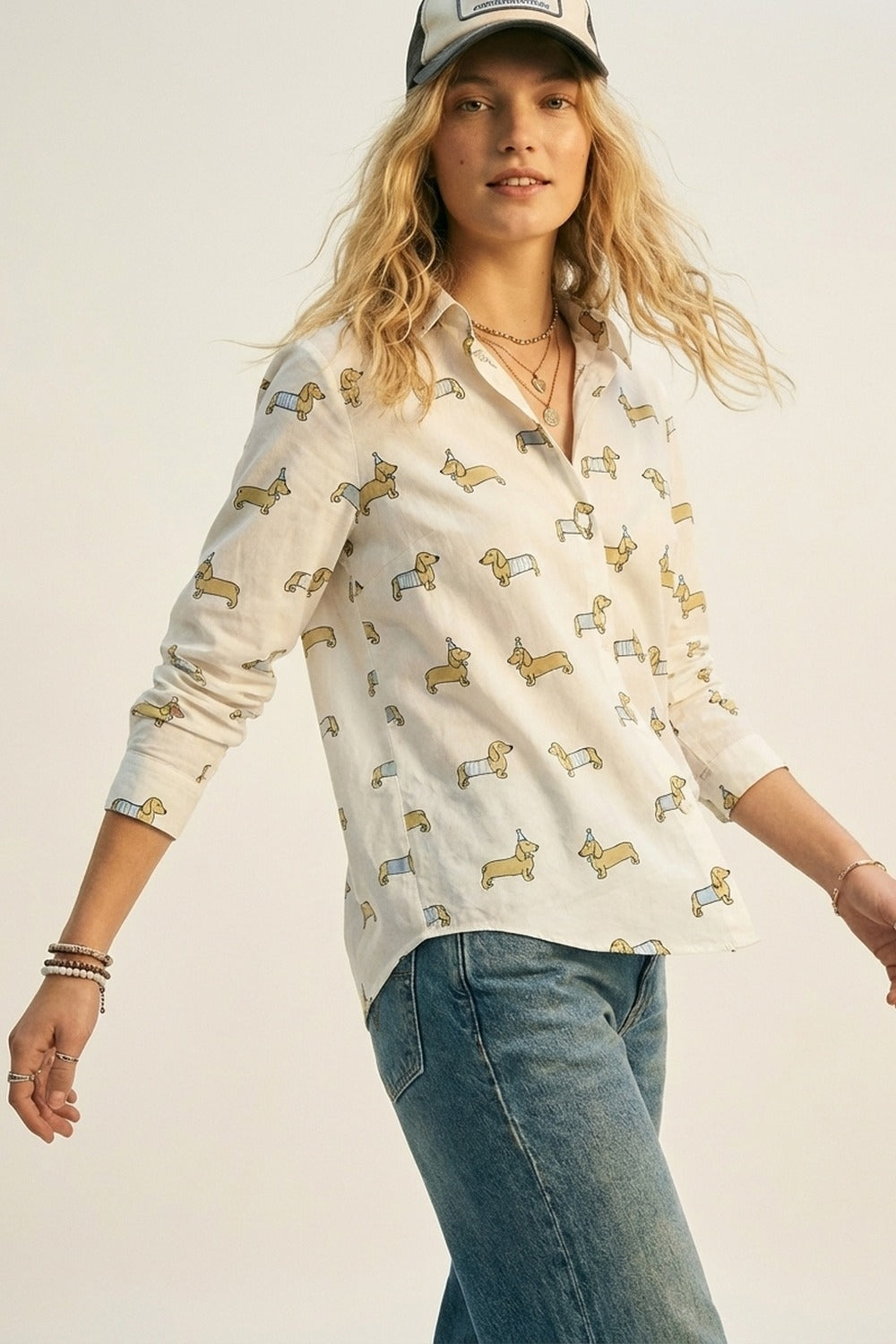 White Button-Up Shirt with Playful Dog Print