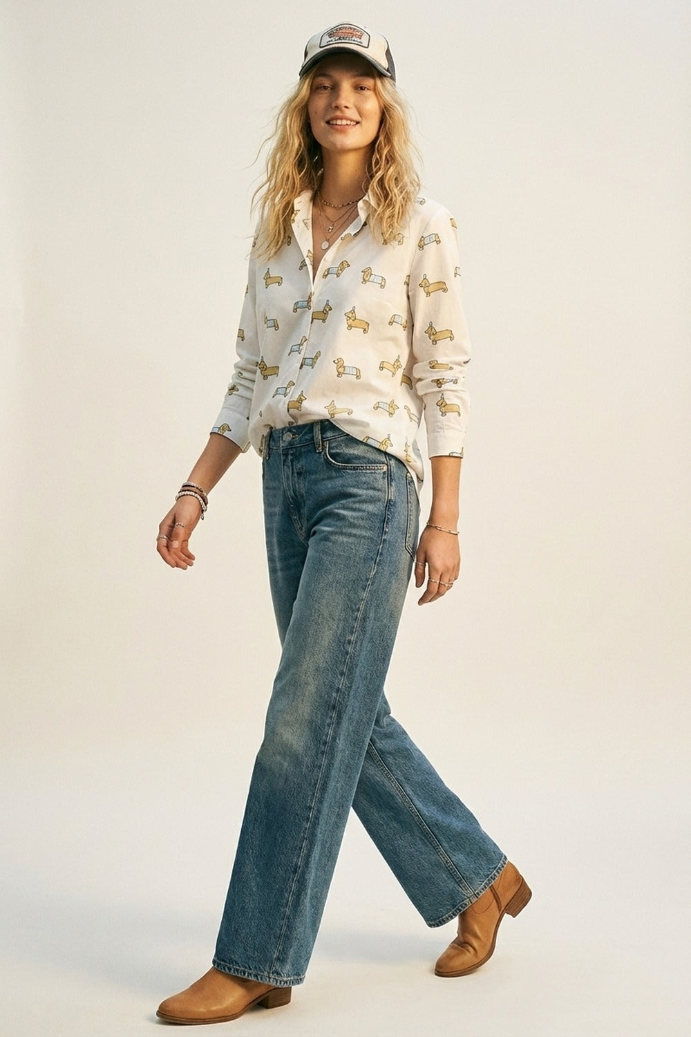 White Button-Up Shirt with Playful Dog Print