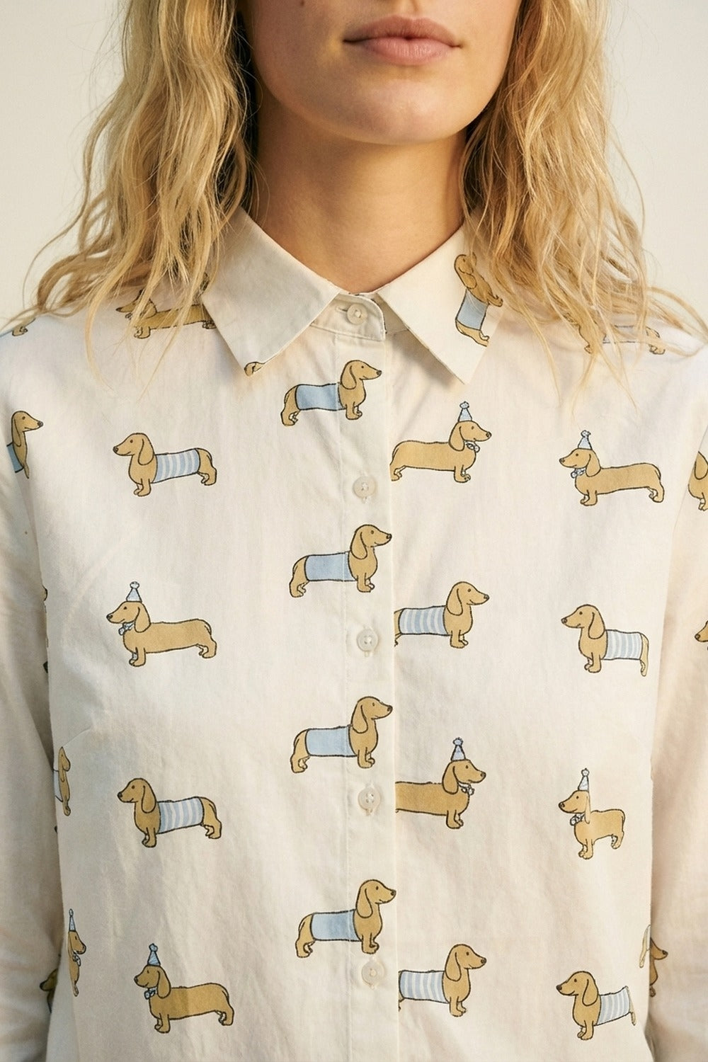 White Button-Up Shirt with Playful Dog Print