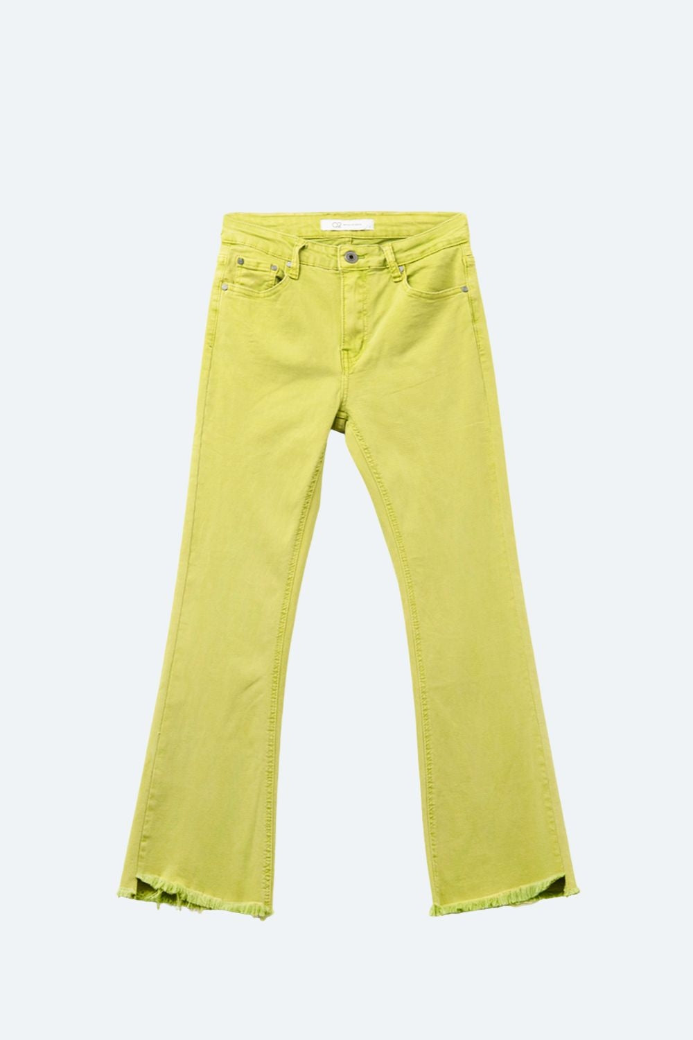 Flare jeans with raw hem edge in lime color