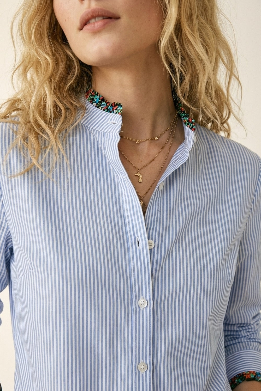 Light Blue Striped Button-Up Shirt with Floral Trim