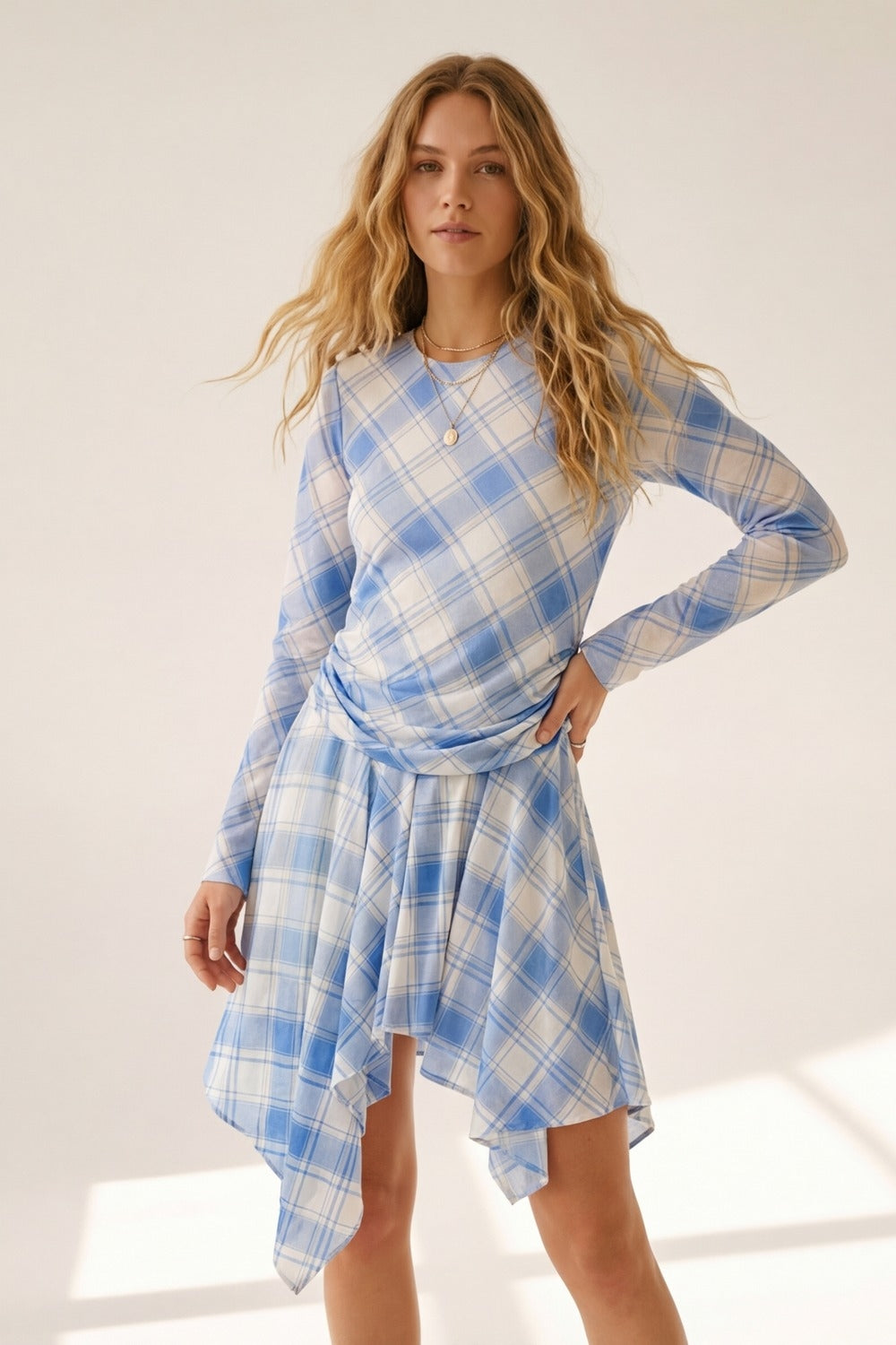 mesh fabric Long Sleeve Asymmetrical Dress in blue