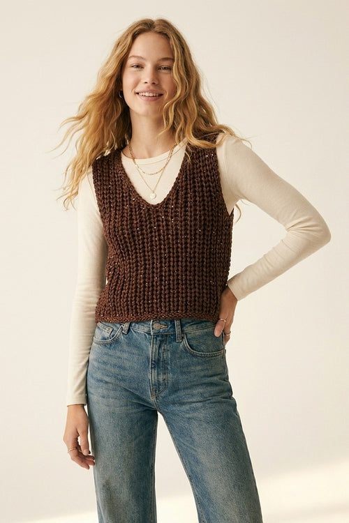 Brown Chunky Knit V-Neck Sweater Vest — view 1 of 6
