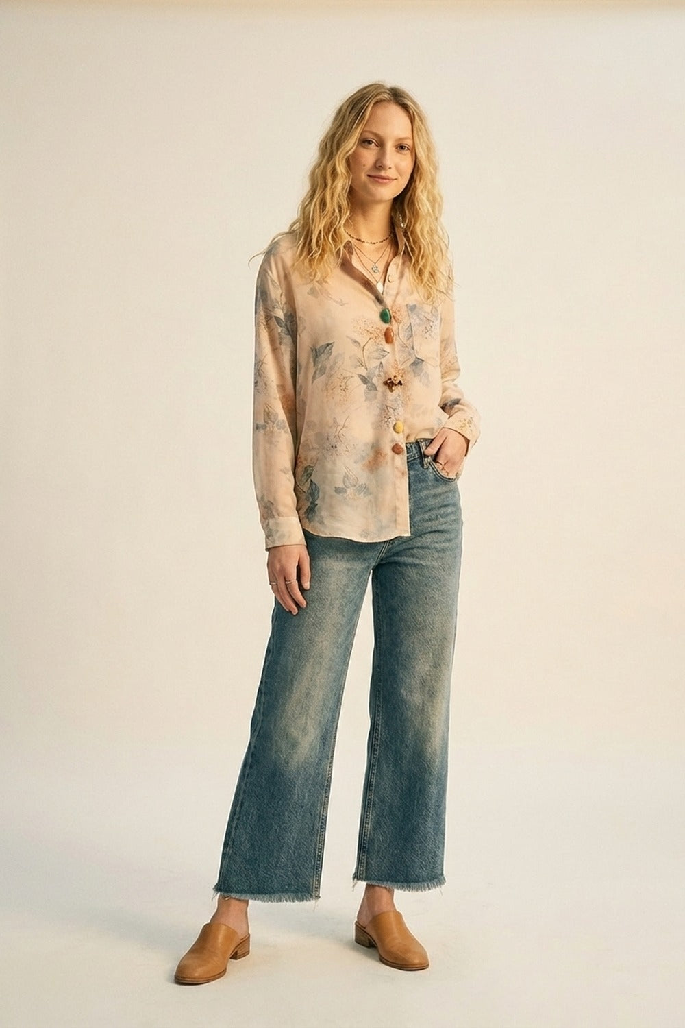 Beige Floral Print Button-Up Sheer Blouse