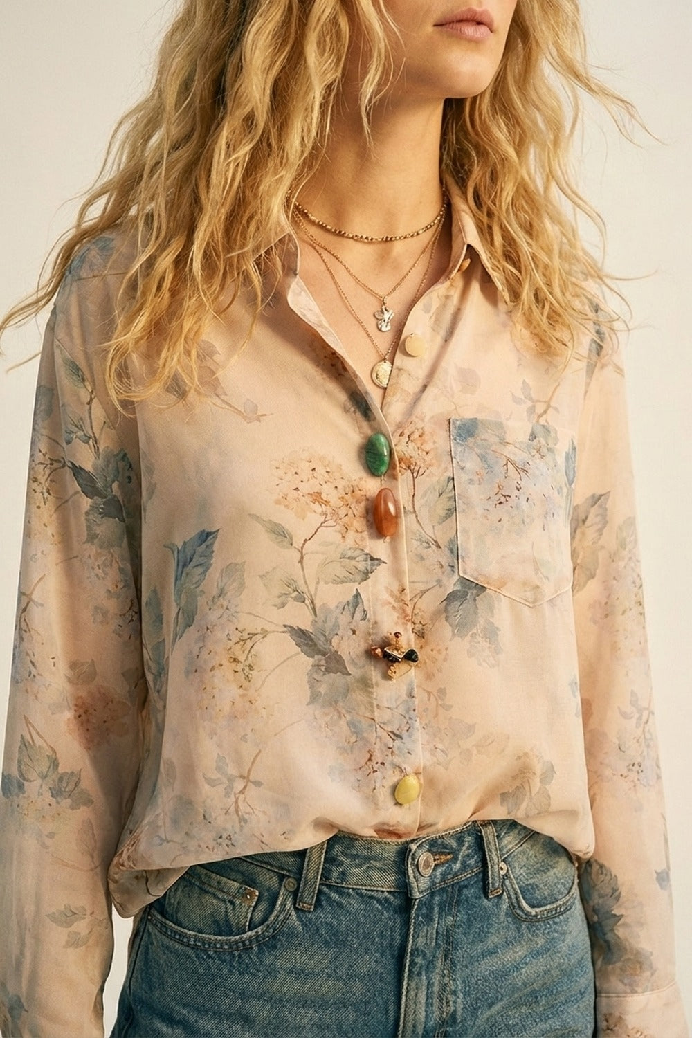 Beige Floral Print Button-Up Sheer Blouse