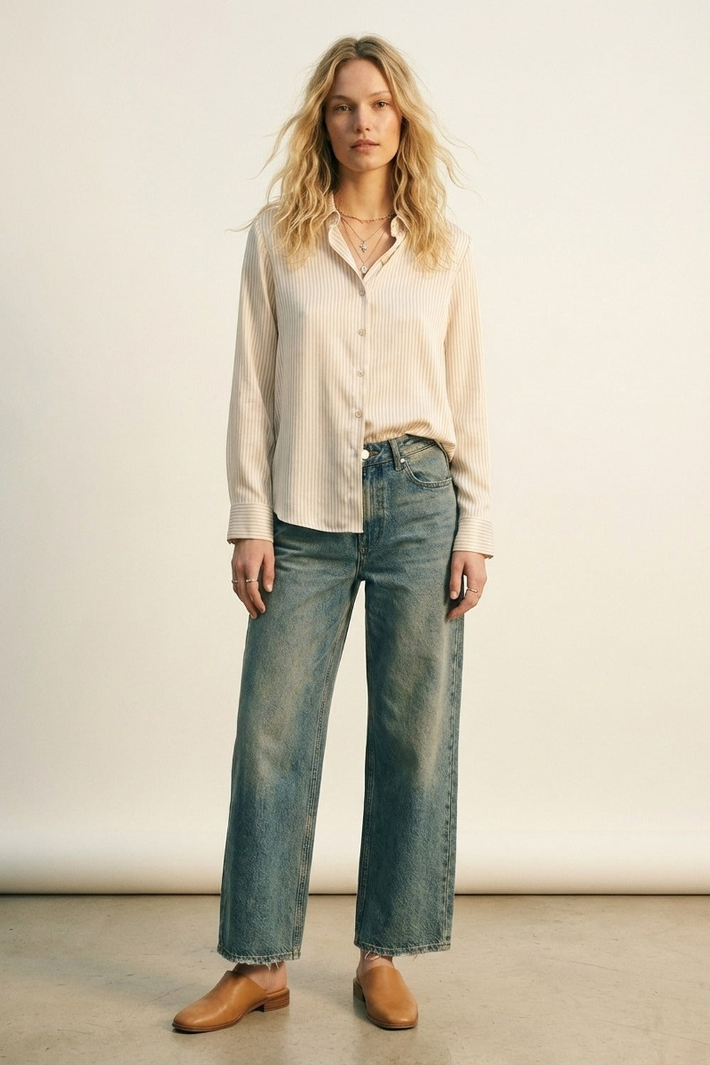 soft fabric Beige Striped Satin Shirt