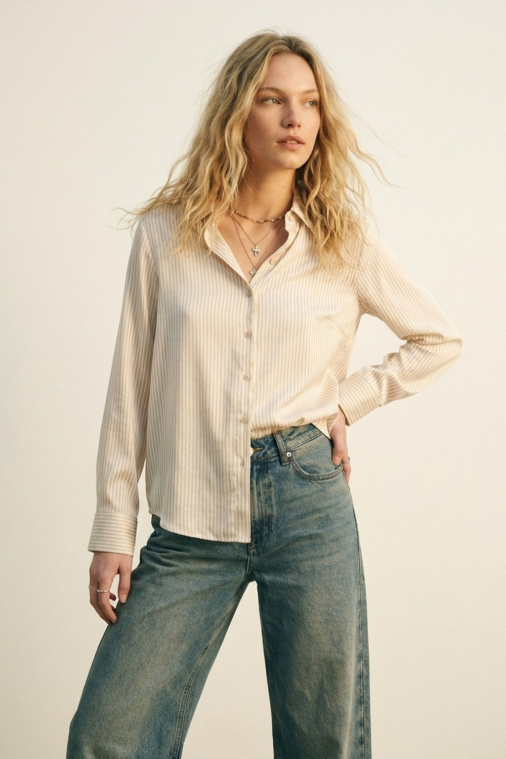 soft fabric Beige Striped Satin Shirt