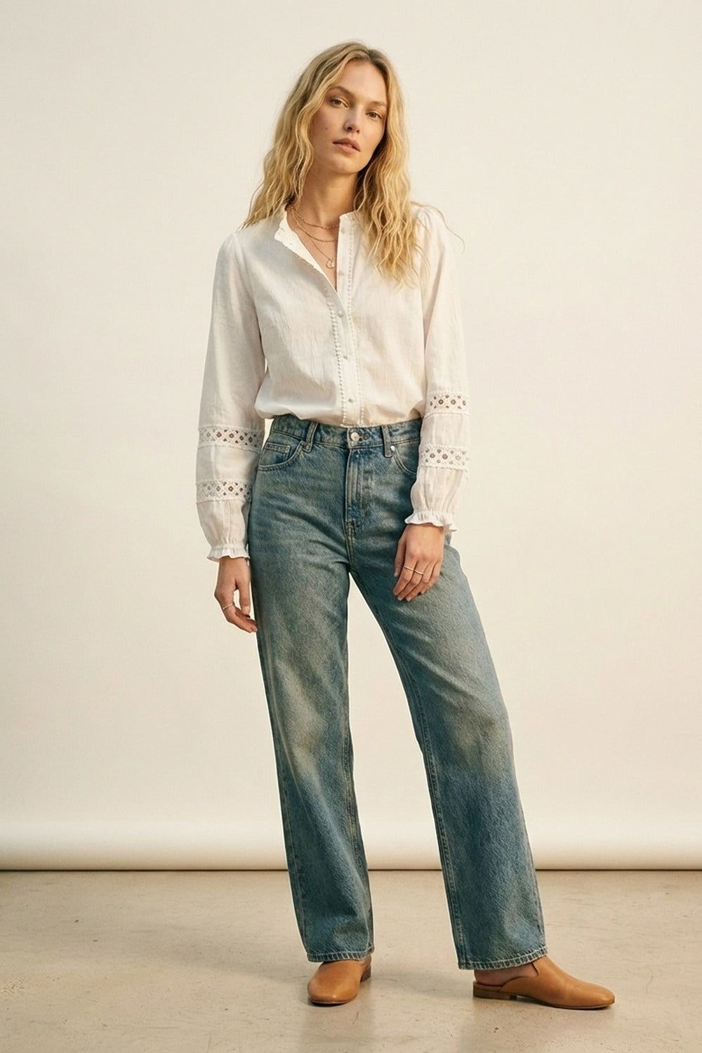 Lace chrochet Detail Button-Front Blouse in white