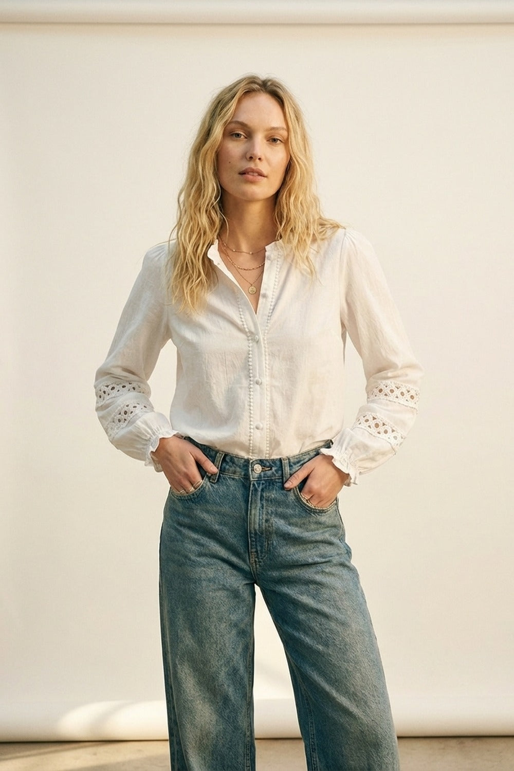 Lace chrochet Detail Button-Front Blouse in white