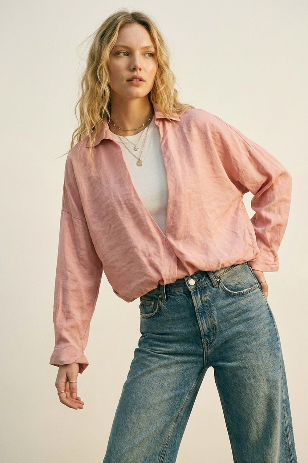 Pink Relaxed Fit Lightweight Textured Shirt and white t-shirt inside