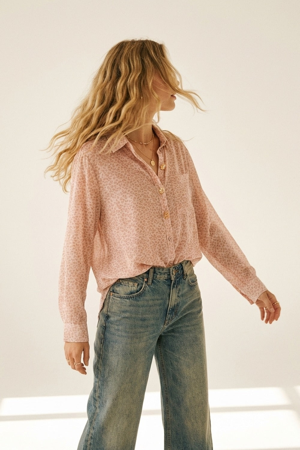 Pink Animal print shirt in sheer fabric with Button-Up Shirt and Pocket