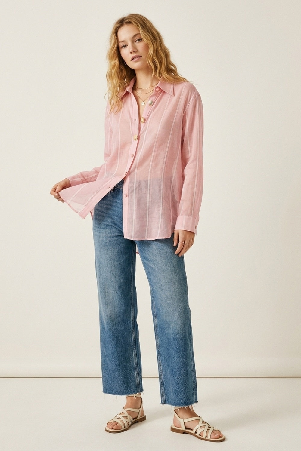 Pink Sheer shirt with Vintage Button-Up