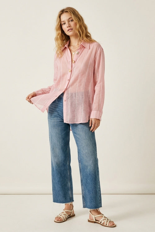 Pink Sheer shirt with Vintage Button-Up