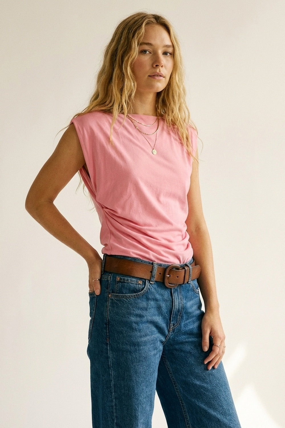 Pink Draped Sleeveless Asymmetric Top for Women