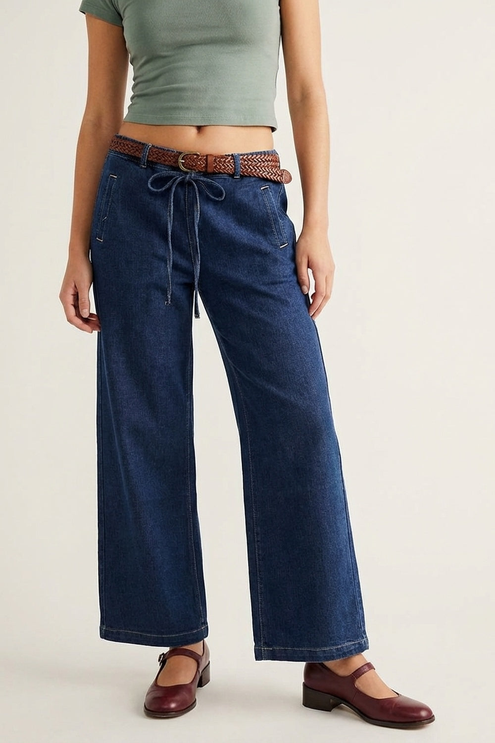 Trendy Wide-Leg Blue Denim Jeans with Tie