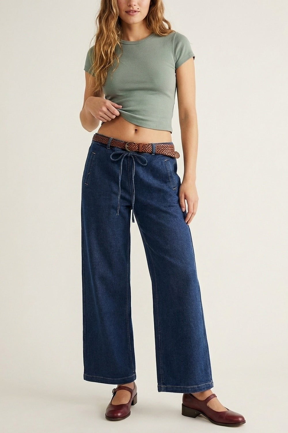 Trendy Wide-Leg Blue Denim Jeans with Tie