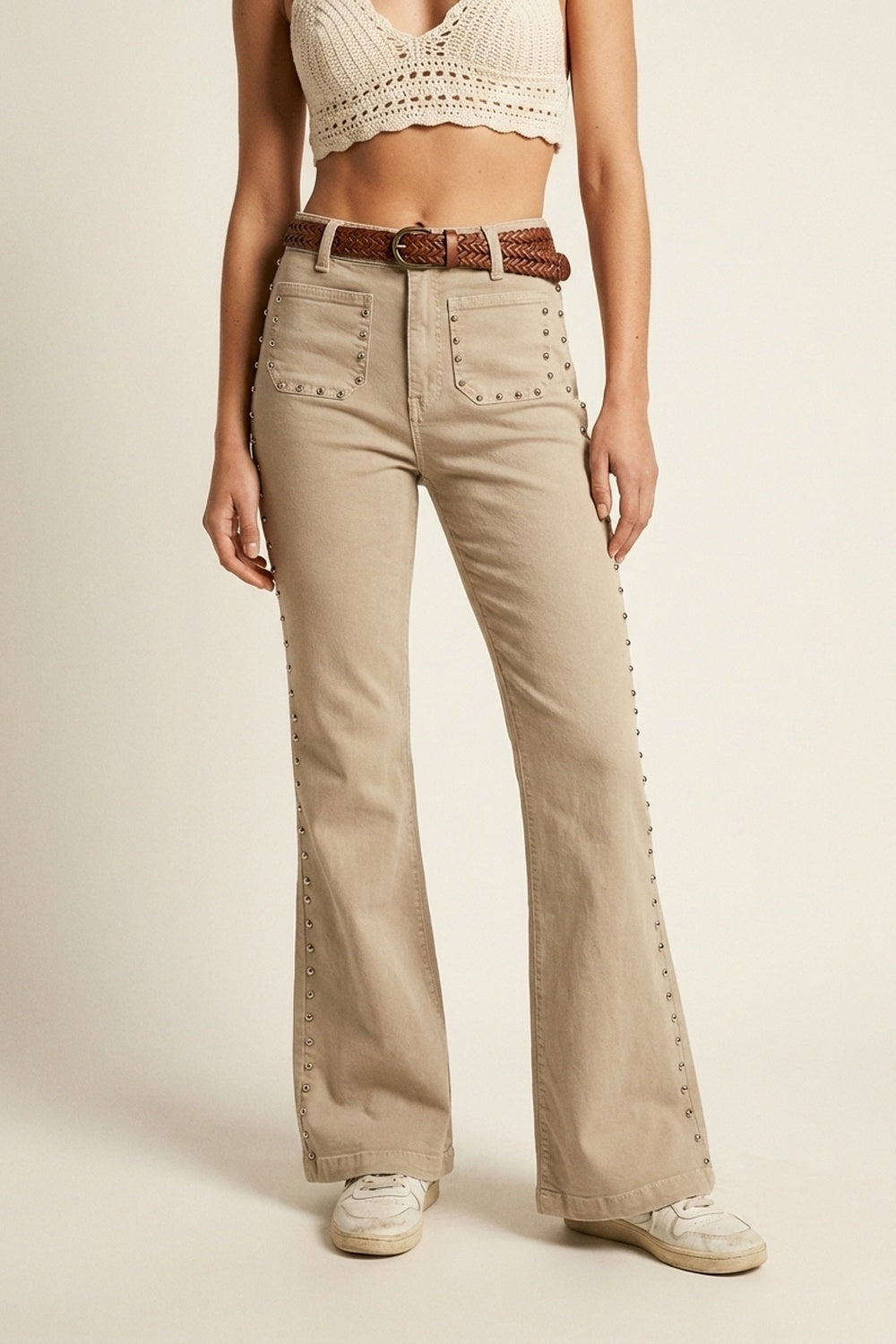 Beige Flared Pants with Studded Side Detail