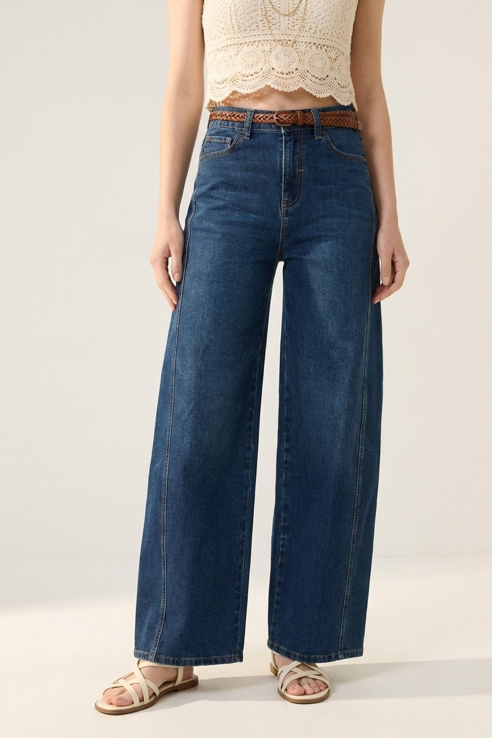 Classic Blue Denim Wide-Leg Jeans with Seam