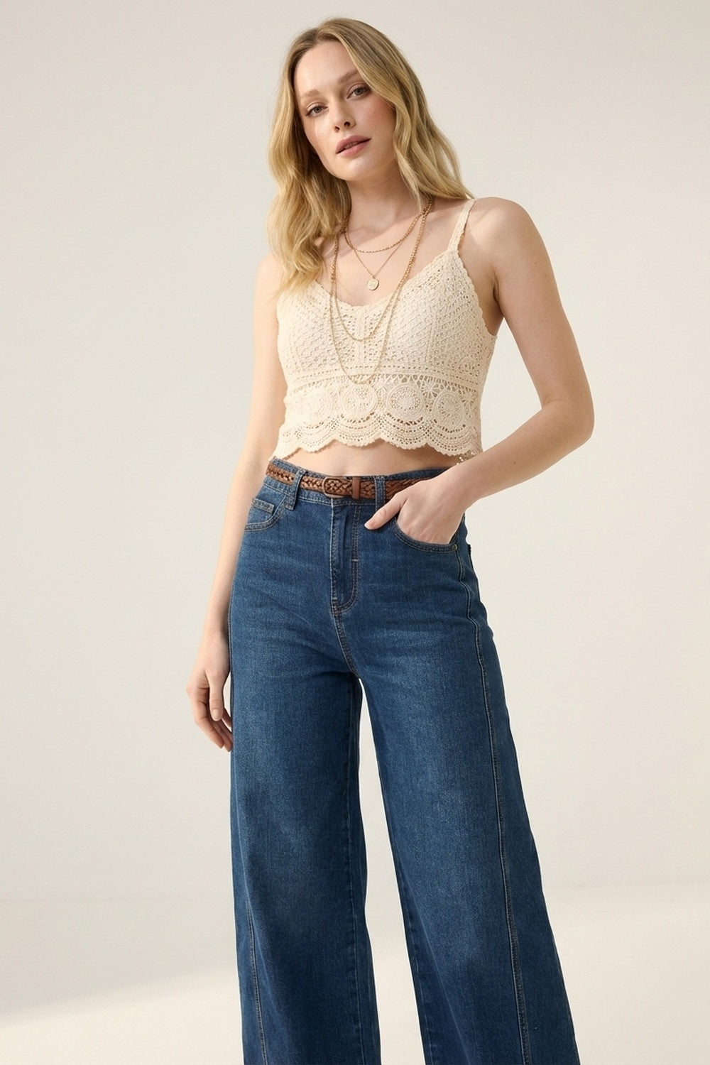 Classic Blue Denim Wide-Leg Jeans with Seam