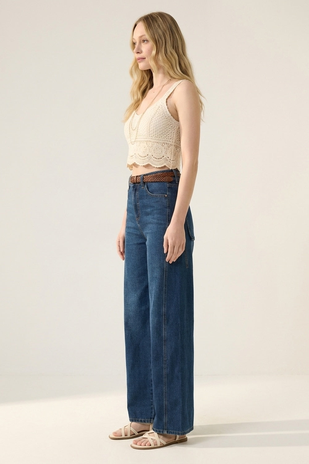 Classic Blue Denim Wide-Leg Jeans with Seam