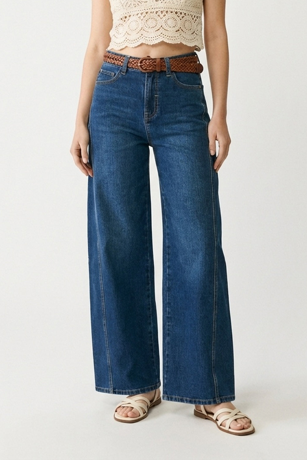 Classic Blue Denim Wide-Leg Jeans with Seam