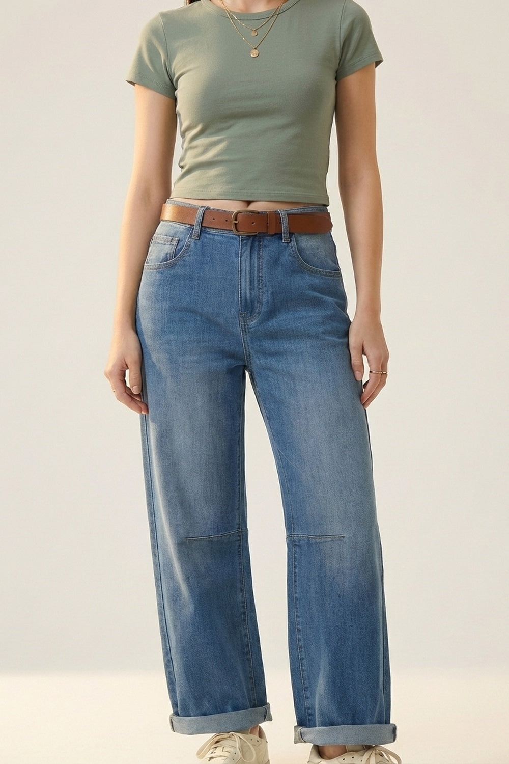 Mid-Wash Straight-Leg Denim Jeans with Rolled Cuffs