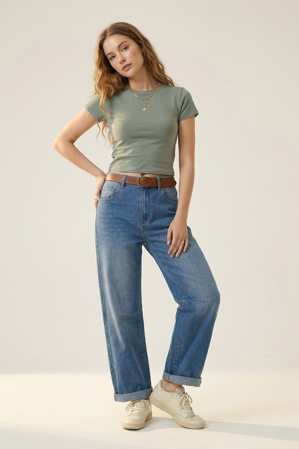 Mid-Wash Straight-Leg Denim Jeans with Rolled Cuffs