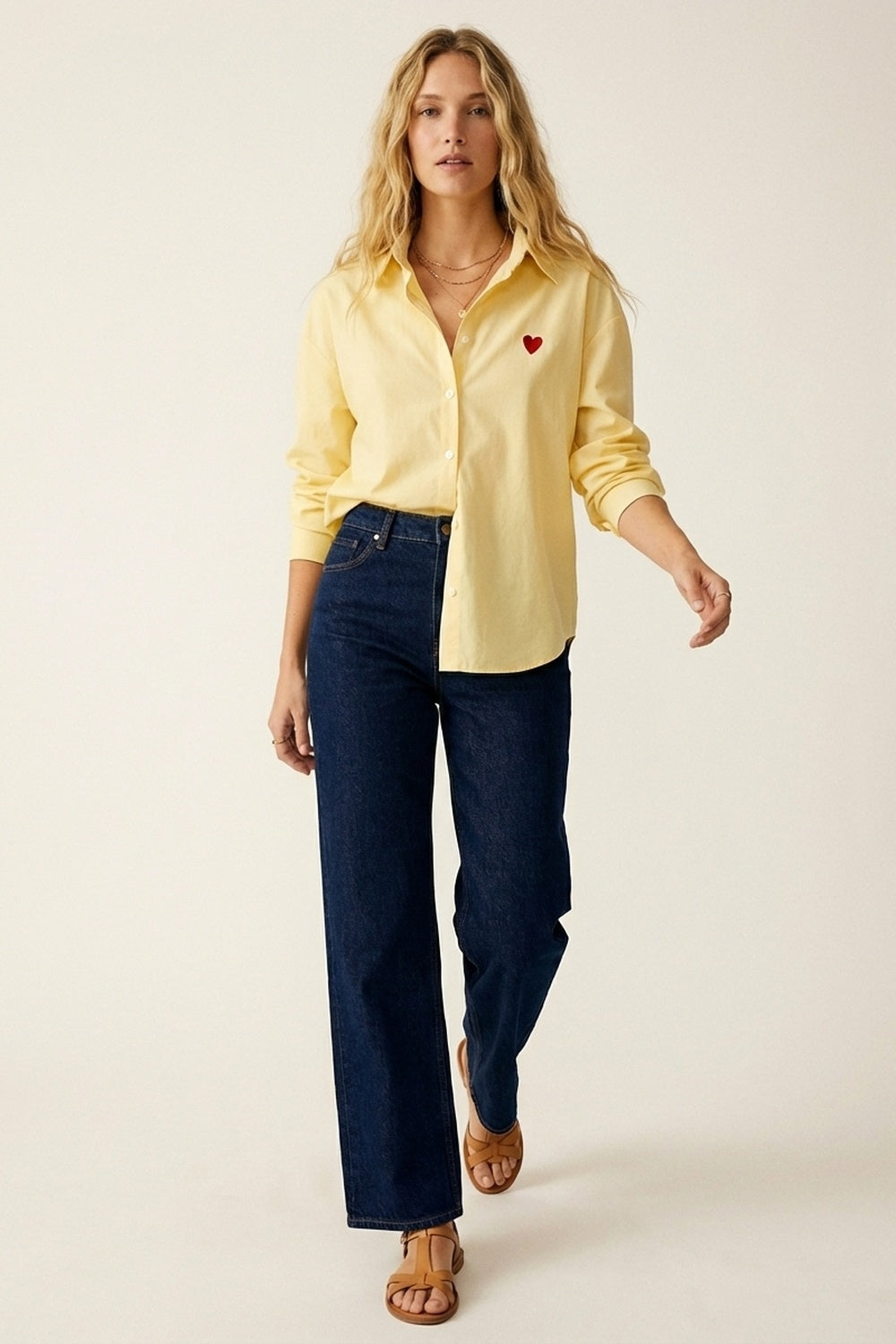 Yellow Button-Down Shirt with Heart Detail