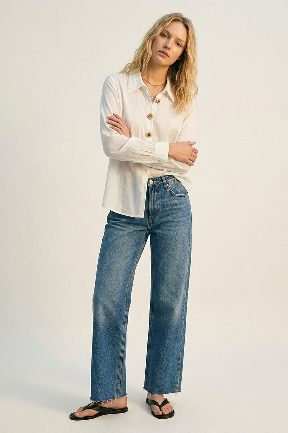 White Button-Front Shirt with Embroidered sequin Collar