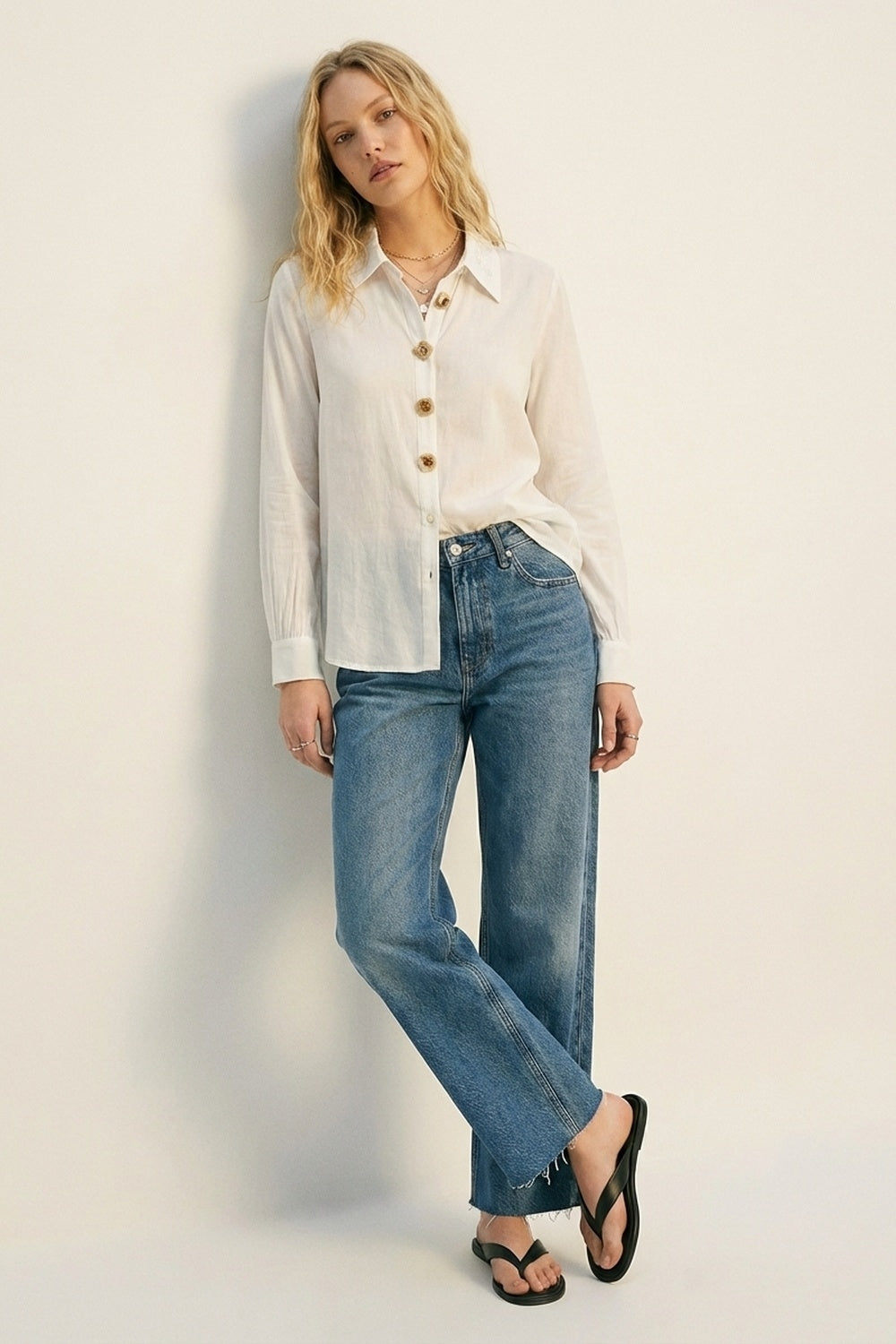 White Button-Front Shirt with Embroidered sequin Collar