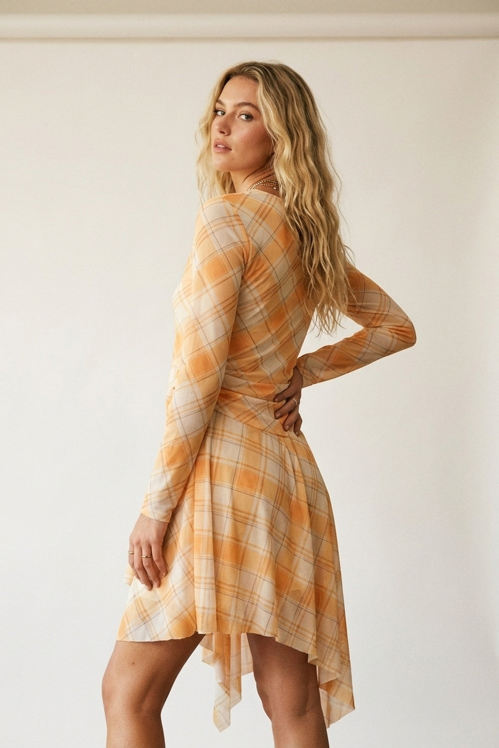 UNIKCOSA Mesh Fabric Plaid Long Sleeve Asymmetrical Dress in Orange