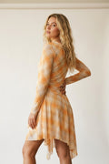 UNIKCOSA Mesh Fabric Plaid Long Sleeve Asymmetrical Dress in Orange