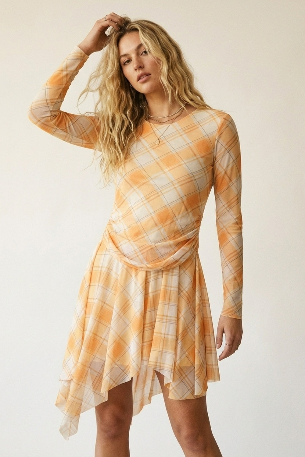 UNIKCOSA Mesh Fabric Plaid Long Sleeve Asymmetrical Dress in Orange