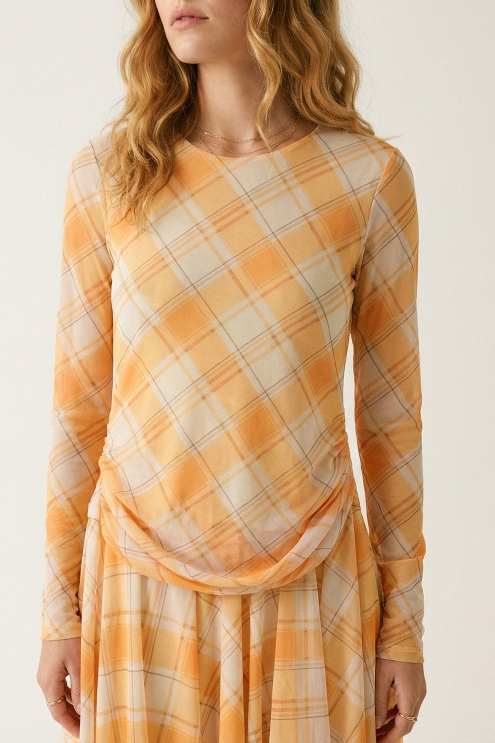 UNIKCOSA Mesh Fabric Plaid Long Sleeve Asymmetrical Dress in Orange