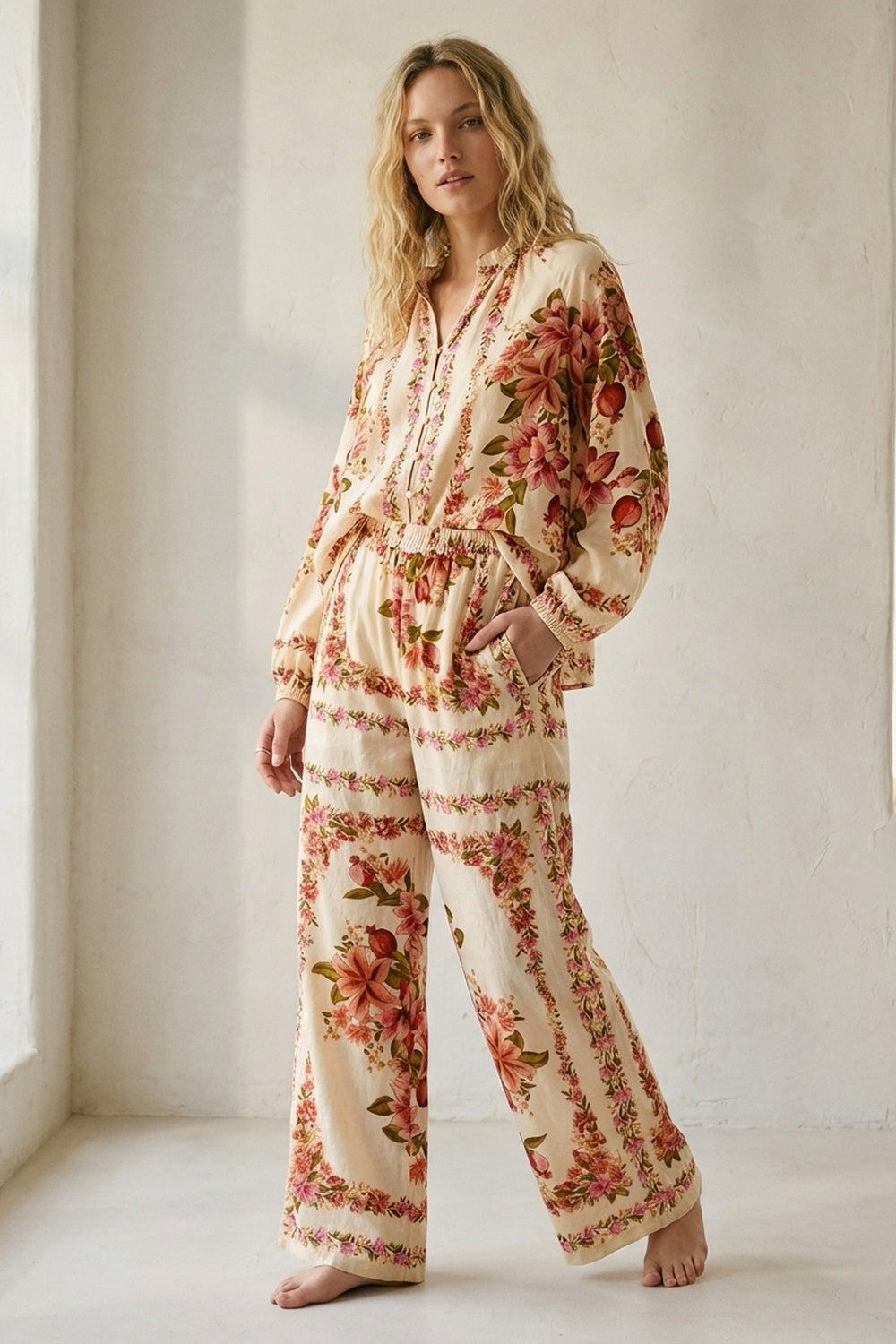 Cream Floral Print Boho Blouse with Drawstring Neck