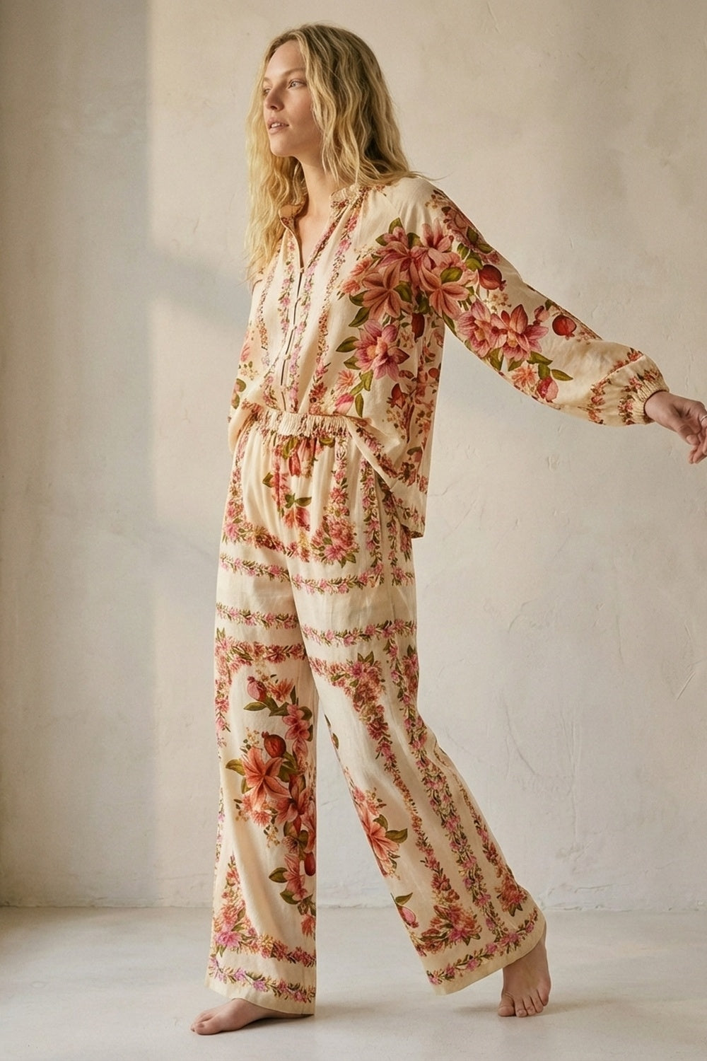 Cream Floral Print Boho Blouse with Drawstring Neck
