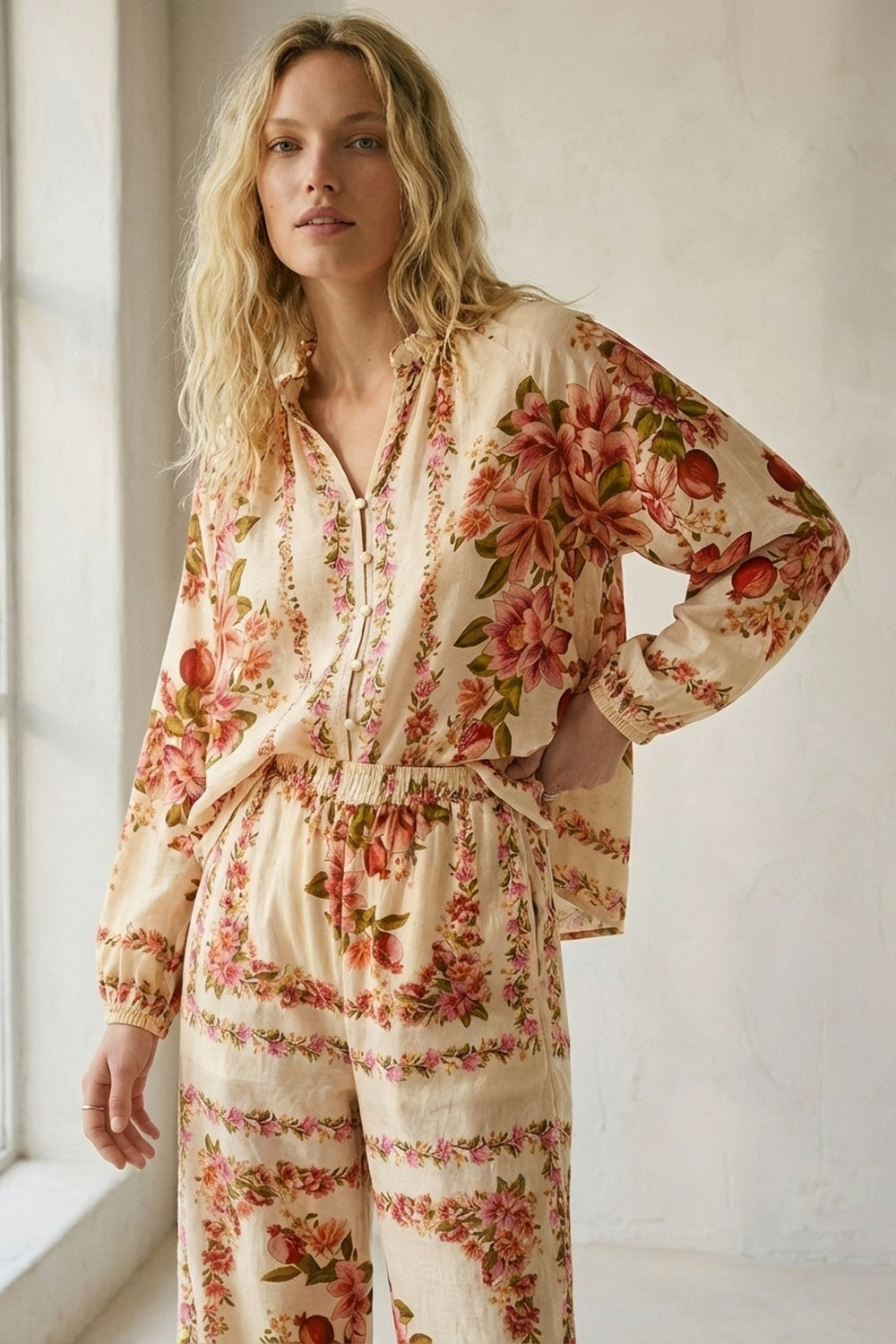 Cream Floral Print Boho Blouse with Drawstring Neck