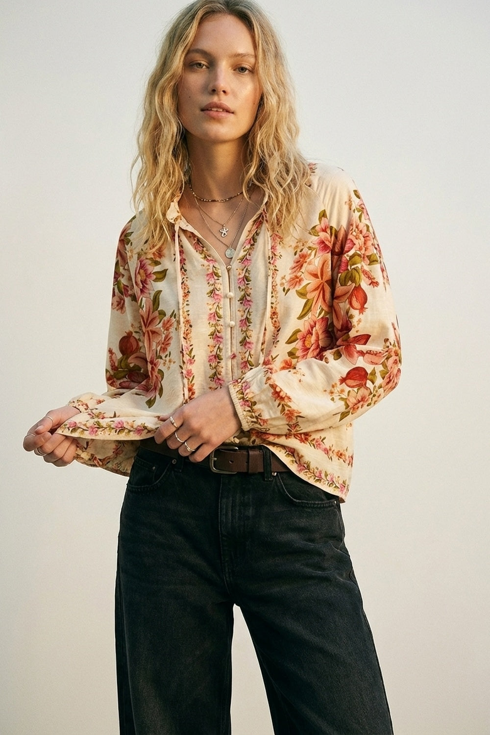 Cream Floral Print Boho Blouse with Drawstring Neck