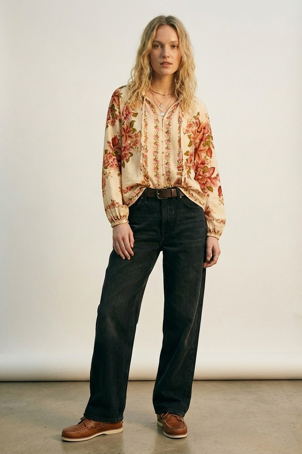 Cream Floral Print Boho Blouse with Drawstring Neck