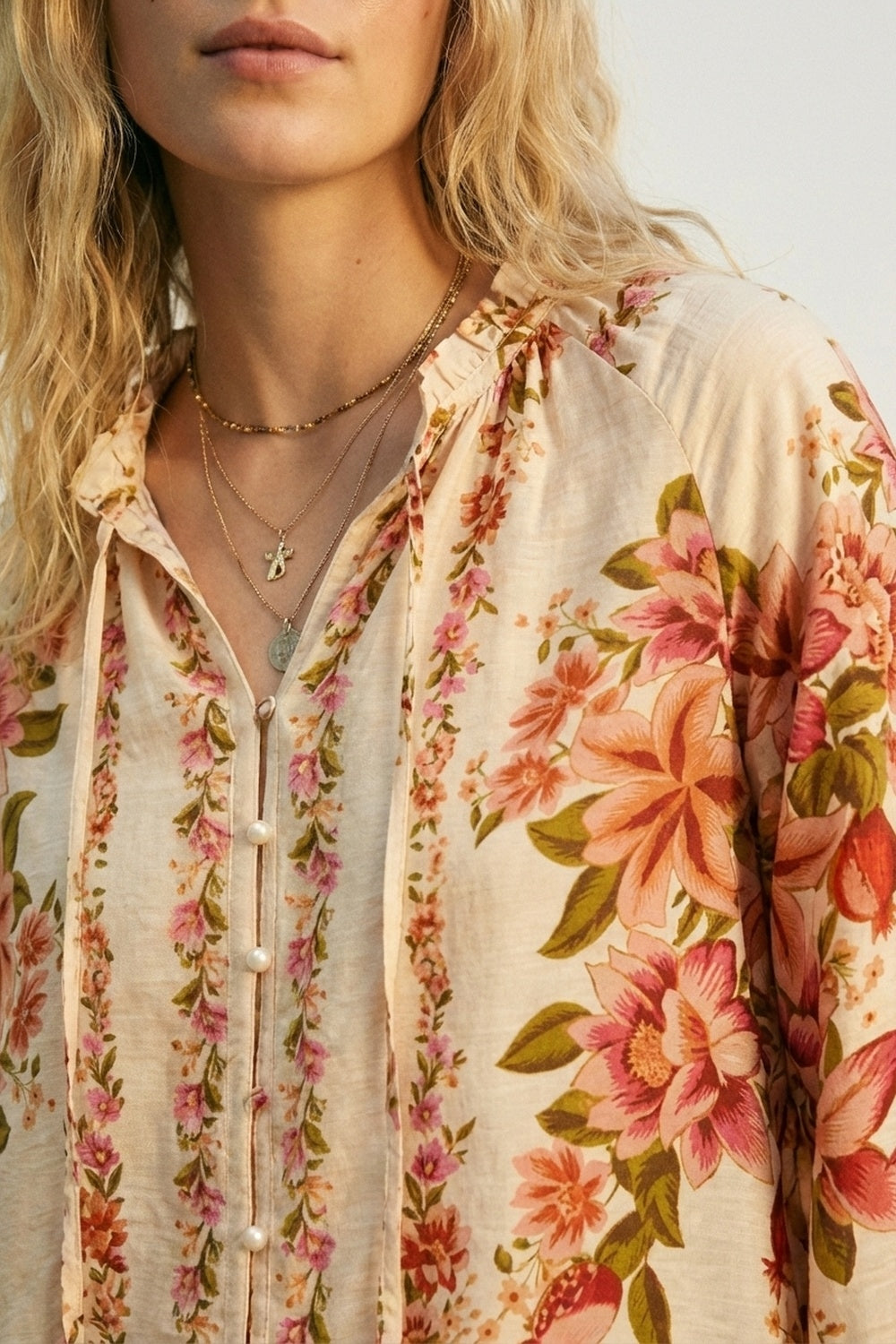 Cream Floral Print Boho Blouse with Drawstring Neck