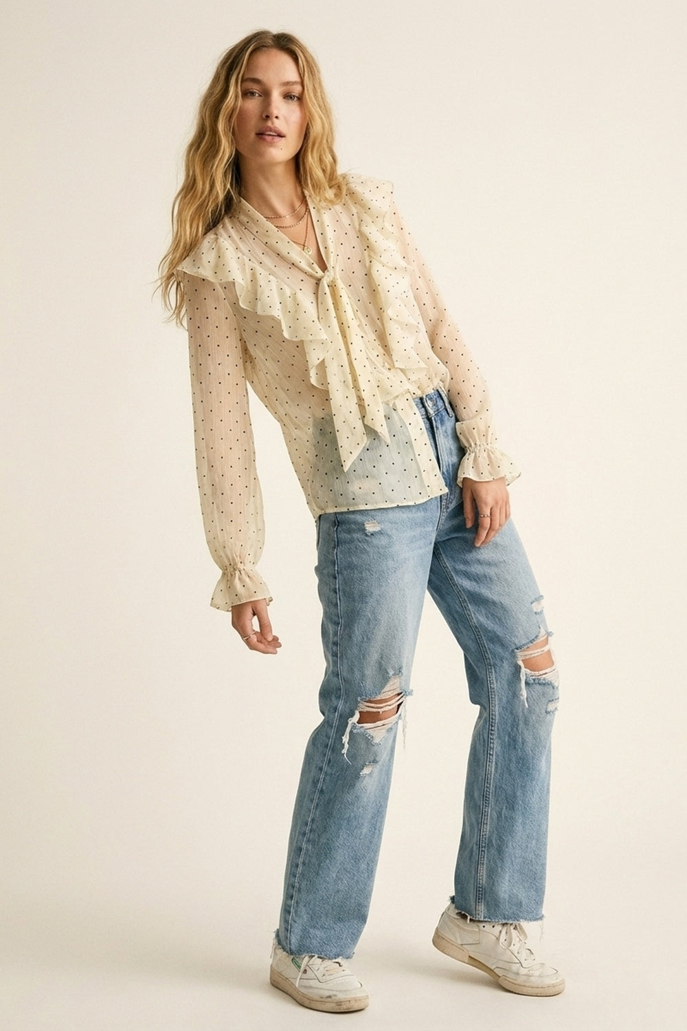 Cream Polka Dot Ruffle Front Blouse with Frilled Cuffs