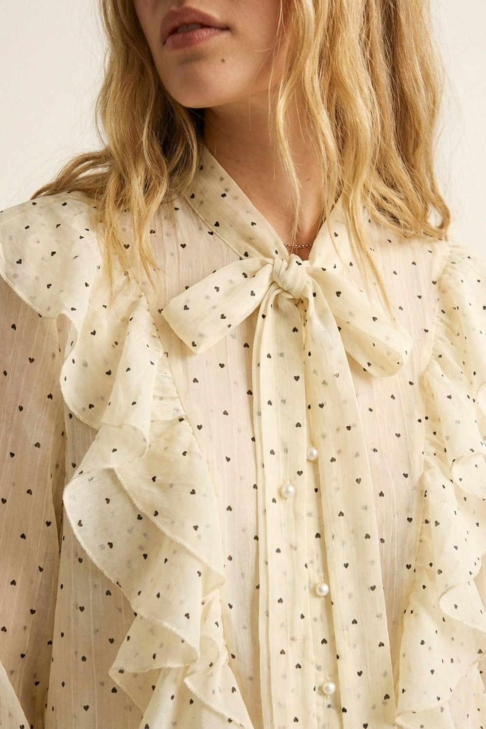 Cream Polka Dot Ruffle Front Blouse with Frilled Cuffs
