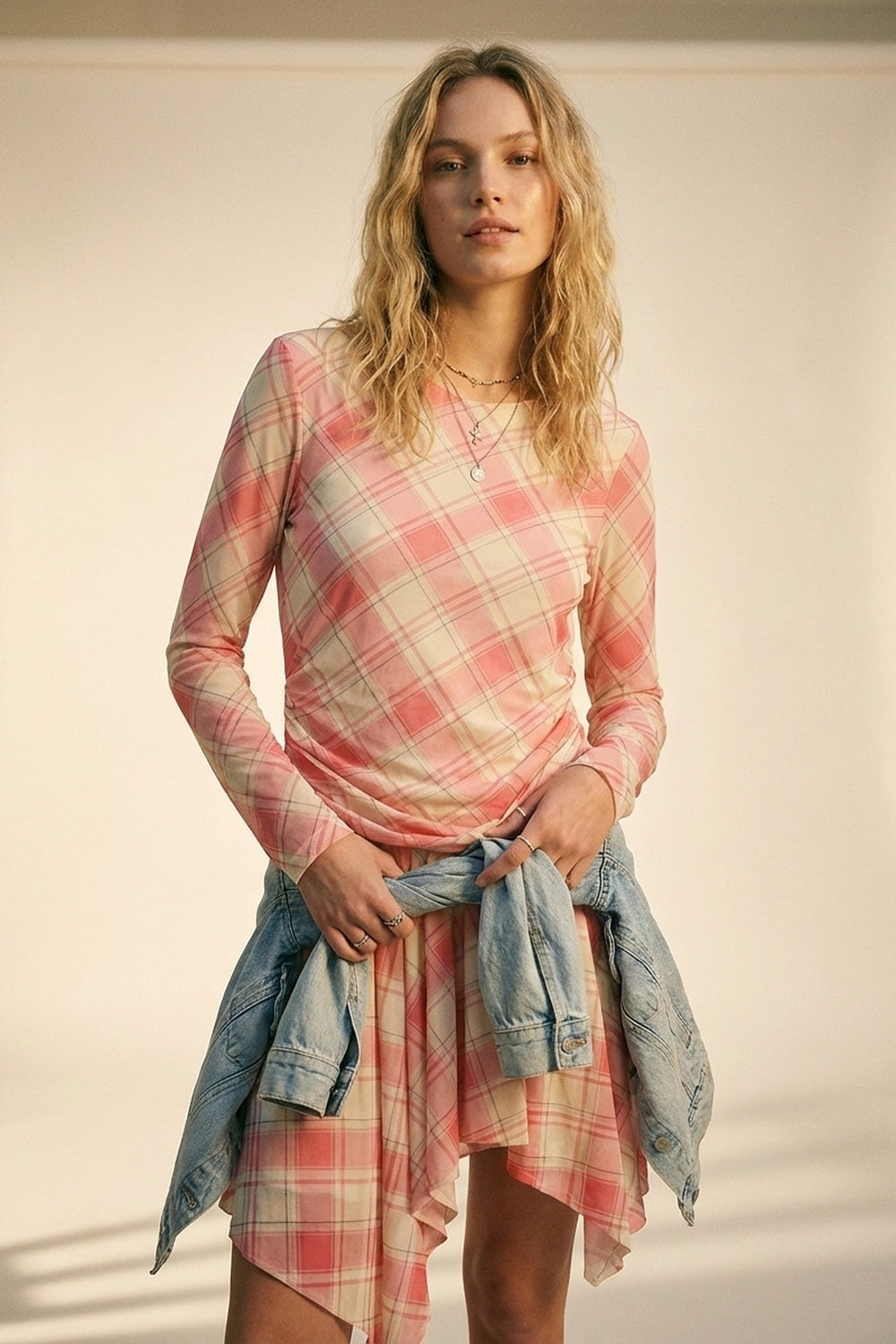 UNIKCOSA Mesh Fabric Plaid Long Sleeve Asymmetrical Dress in pink