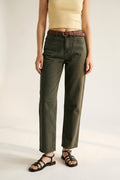 High-Rise Straight-Leg Denim Jeans in Khaki